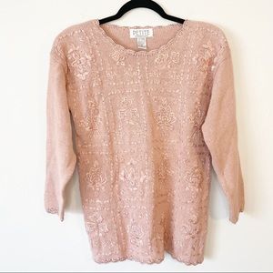 Vintage Floral Embroidered Beaded Petite Sweater